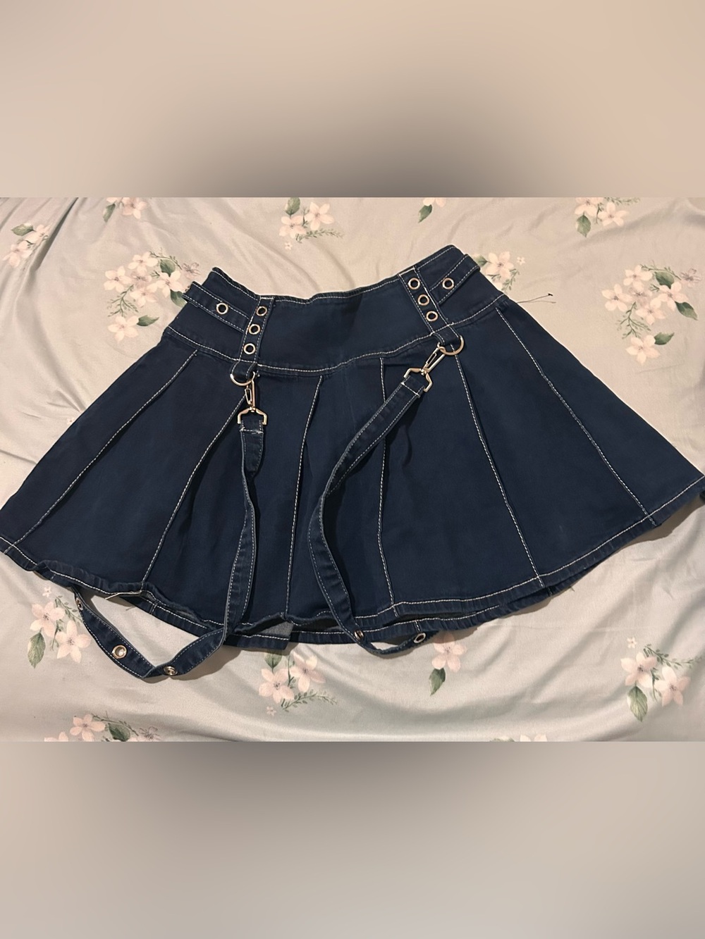 Hot Topic Dark Blue A-Line Mini Skirt with Hardware Straps